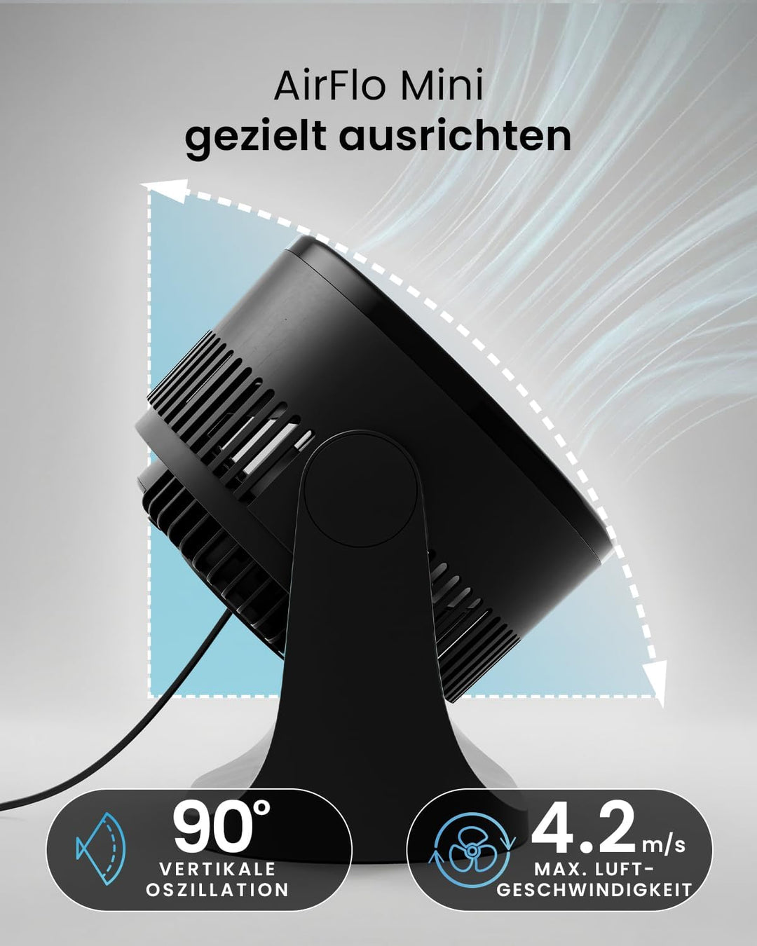 Pro Breeze AirFlo Mini Tischventilator – Leiser Turbo Ventilator mit 3 Stufen, 90° Neigung und kraft