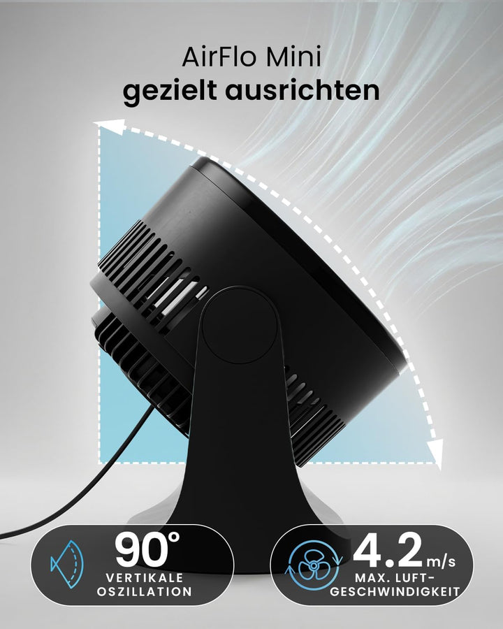 Pro Breeze AirFlo Mini Tischventilator – Leiser Turbo Ventilator mit 3 Stufen, 90° Neigung und kraft