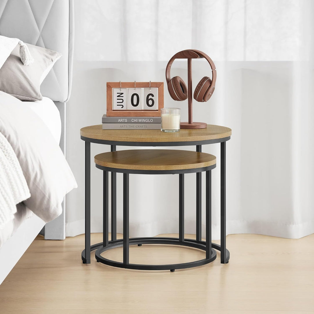 FORTENA 2er Set Couchtische, Schwarze oder goldene Metallbeine, Industrial-Stil, Raund (Eiche – Schw