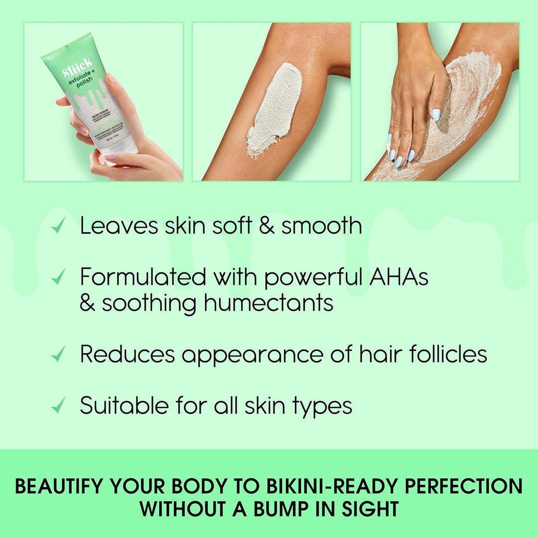 Sliick Exfoliate & Polish Body Scrub Bimsstein und Glykolsäure vor und nach dem Wachsen