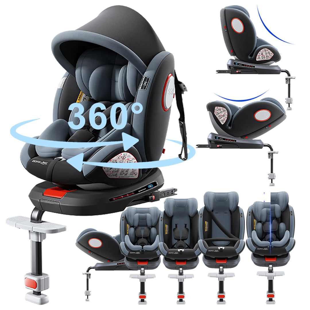 360° Drehbarer Autositz, Liegeautositz mit Verstellbarer Kopfstütze (Grey-Upgraded Version) Grey-Upg