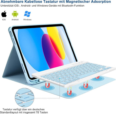 TQQ Hülle mit Tastatur für iPad 10 Generation 10,9 Zoll 2022, (QWERTZ Deutsches Layout), Abnehmbare