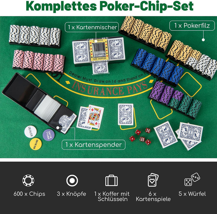 DREAMADE Pokerkoffer mit 600 Laser Poker Chips/ 6 Pokerkarten Set/Kartenmischer/Kartengeber/Spielmat