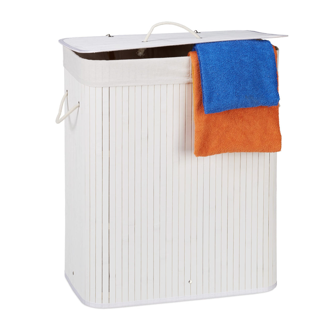 Relaxdays Wäschekorb Bambus mit Deckel, rechteckiger Wäschesammler, 2 Fächer, 95 l Volumen, faltbare