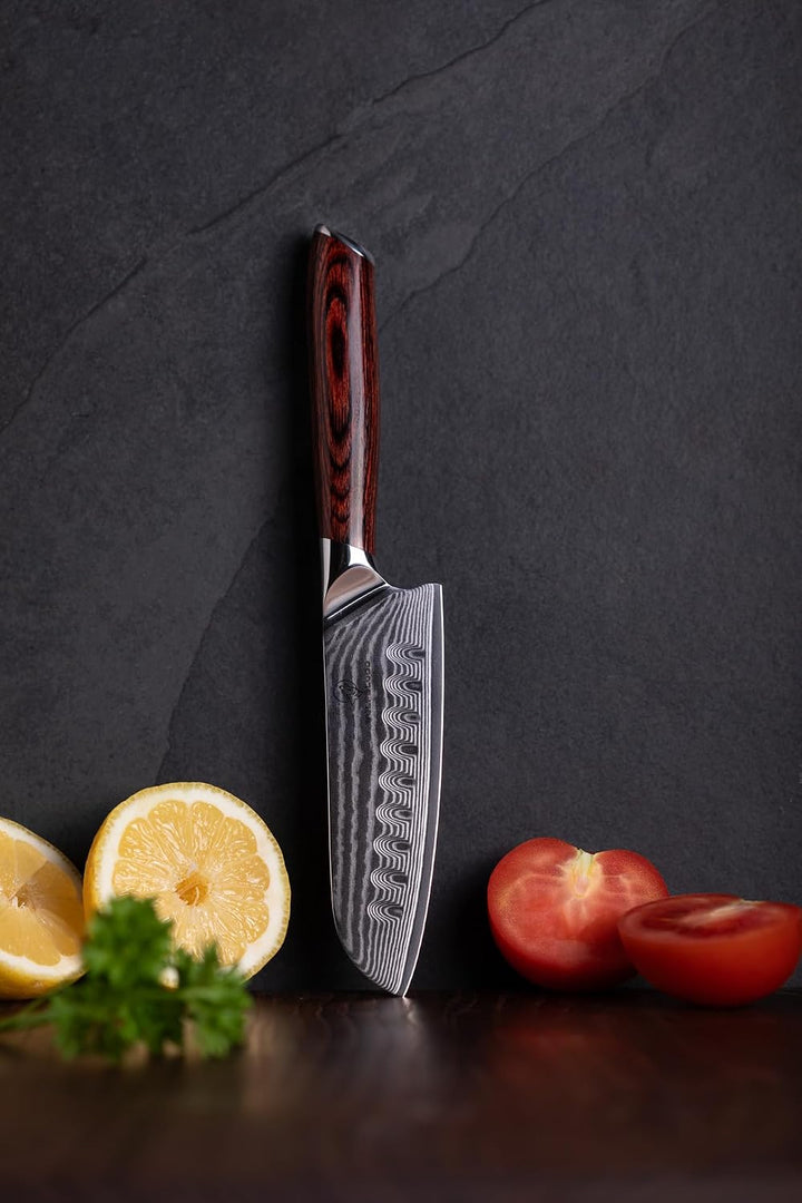 Wolfblood Damastmesser Santoku Messer L(24cm) TÜV geprüfter 62 HRC Damaststahl aus 67 Lagen I Damast