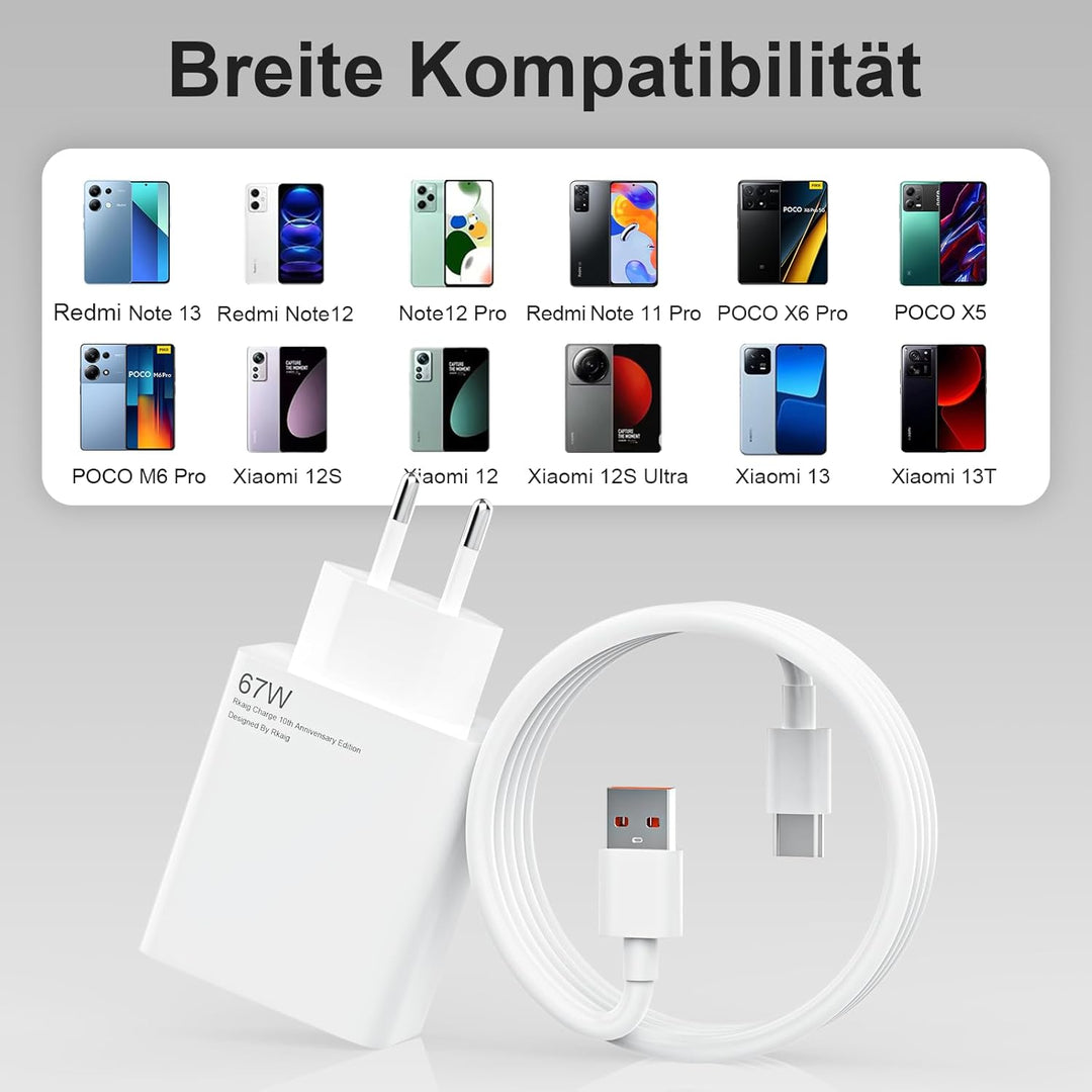 67W USB Ladegerät Netzteil für Xiaomi mit 2m Typ C Ladekabel 6A für Xiaomi 14t Pro 13T 13 Ultra 12T