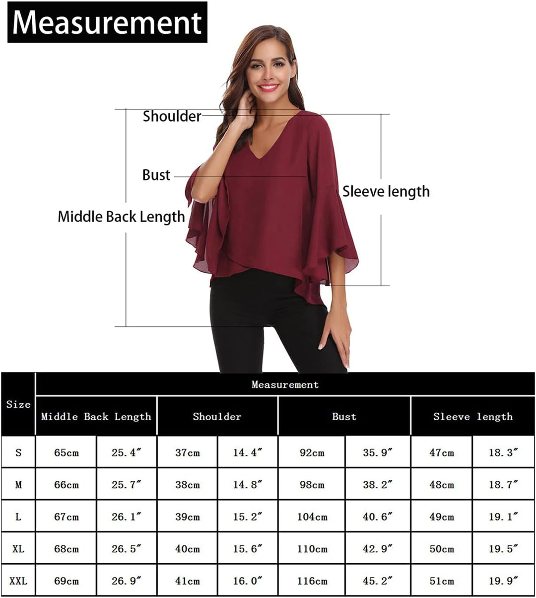 Gyabnw Damen Chiffon Bluse Volantärmeln Tunika 3/4 Arm Elegant Chiffontunika Festlich Chiffon Bluse