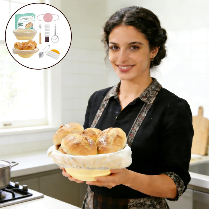 Silikon Brot Gärkorb Set (23cm rund & 25cm oval) – Sauerteig-Gärkorb Inkl. Teigschaber, Rostmesser &