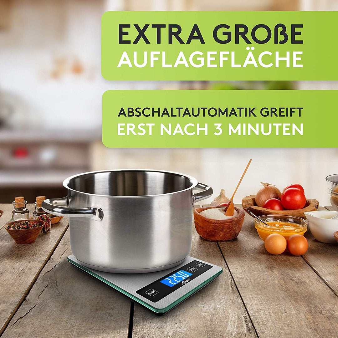 Liebfeld Küchenwaage Digital - Präzise Waage aus Edelstahl u. Glas mit grosser Wiegefläche bis 15kg
