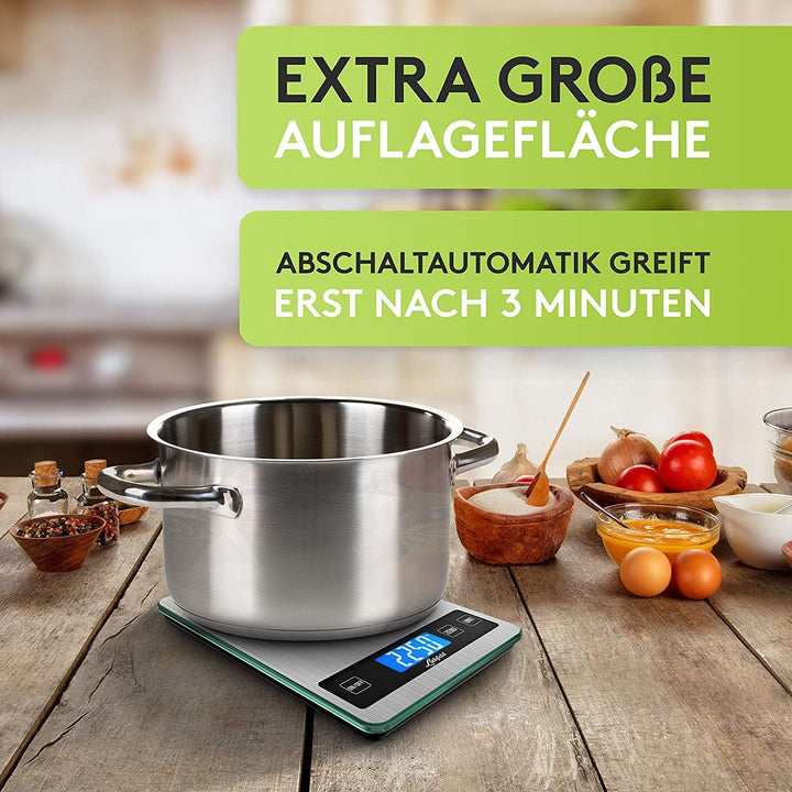 Liebfeld Küchenwaage Digital - Präzise Waage aus Edelstahl u. Glas mit grosser Wiegefläche bis 15kg