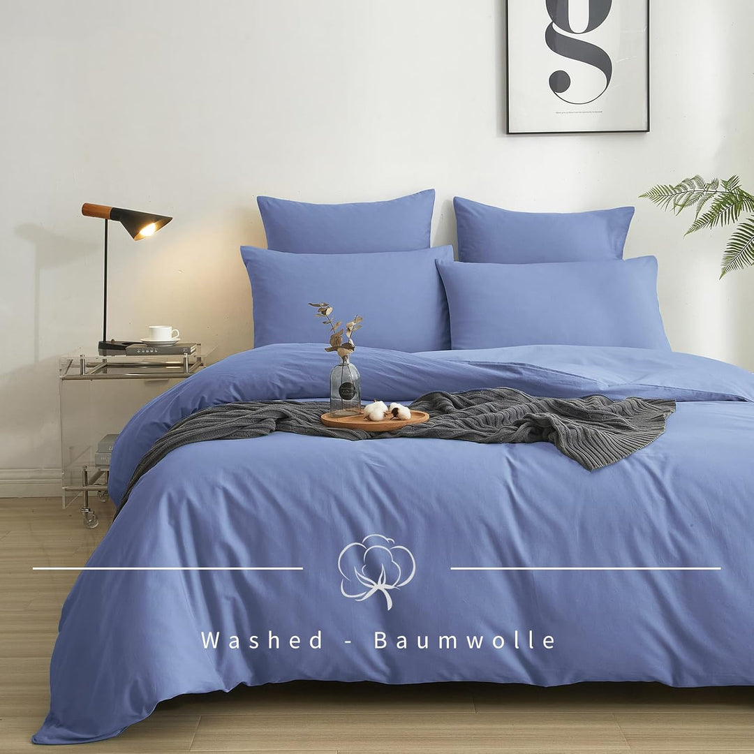 Luowei Bettwäsche 155x220 3 Teilig Blau Einfarbig Uni weich und leicht 110g/m² Renforcé Mikrofaser 1