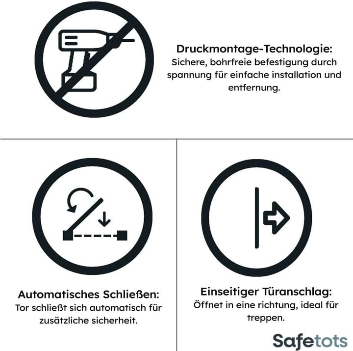 Safetots Druckmontage Selbstschliessendes Treppengitter, 75cm - 82cm, Weiss, Automatisch schliessend