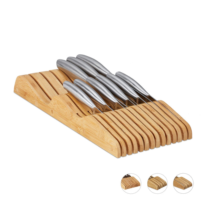 Relaxdays Messerblock Schublade, liegend, Bambus, für 13 Messer, HBT: 5x17x40 cm, Schubladeneinsatz,