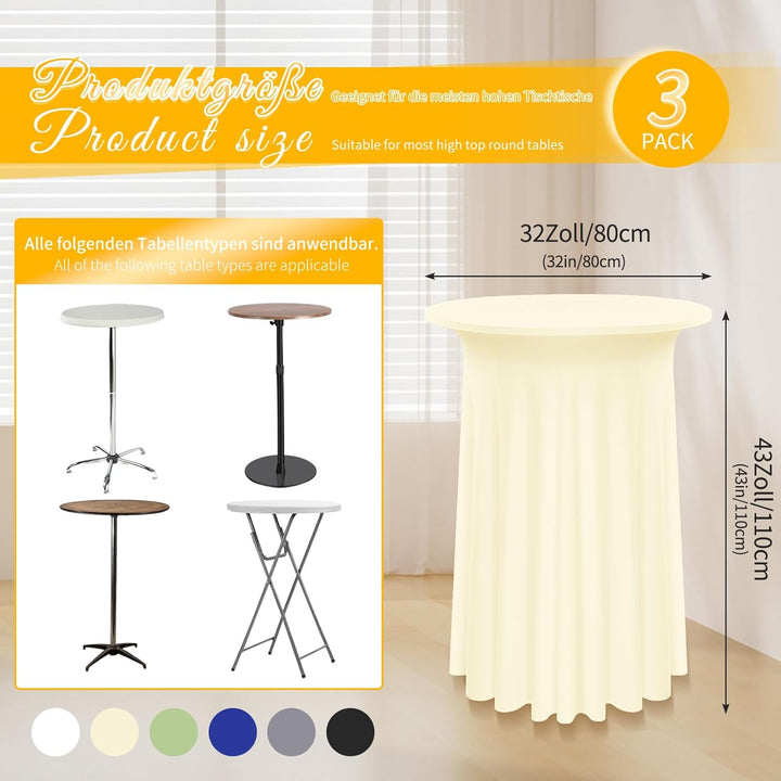 3 Packs Spandex Cocktail Tischdecke mit Röcken 80 x 110cm, beige Stretch Cocktail Tischtuch für hohe