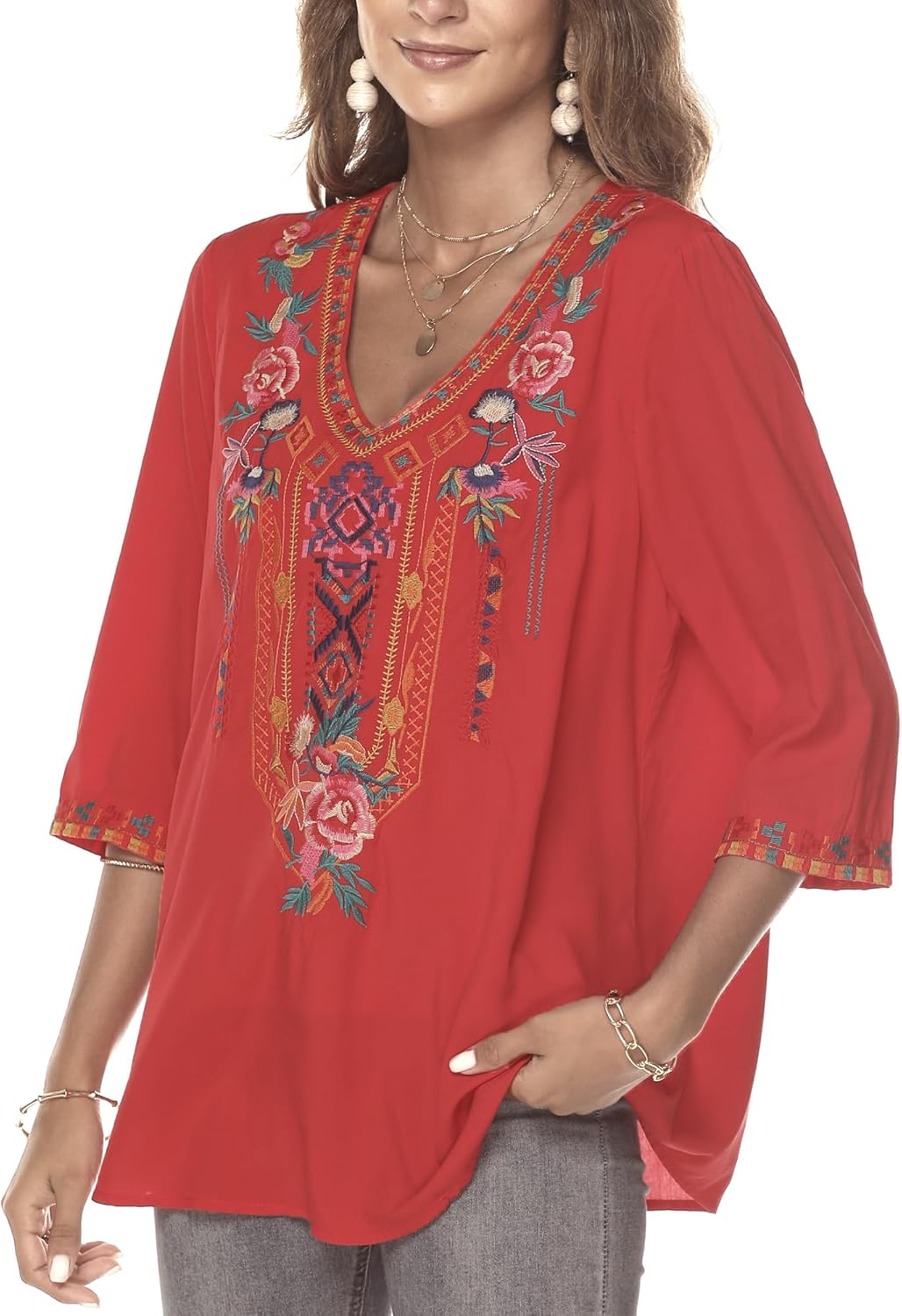 Hippie Kleidung Damen Bohemian Folklore Stickerei Bluse 3/4 äRmel V Ausschnitt Tunika Sommer LäSsige