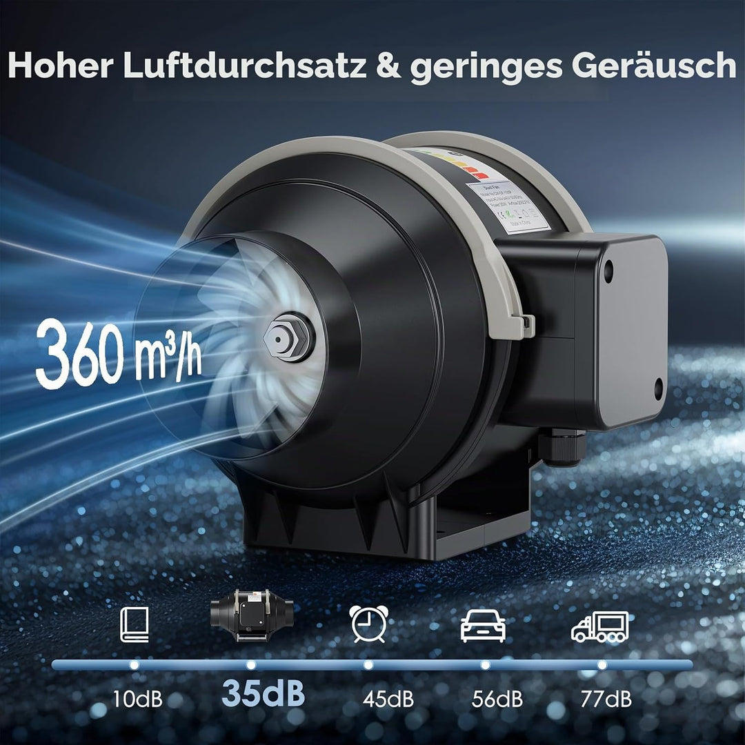 4-Zoll-Inline-Kanalventilator, 360 m³/h Luftstrom-Kanalventilator mit variabler Drehzahlregelung lei
