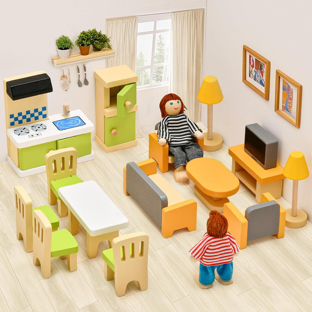 Atoylink Bunt Puppenhaus Möbel Set aus Holz, Puppen Zubehör Spielzeug mit Puppenhaus Puppen, Rollens