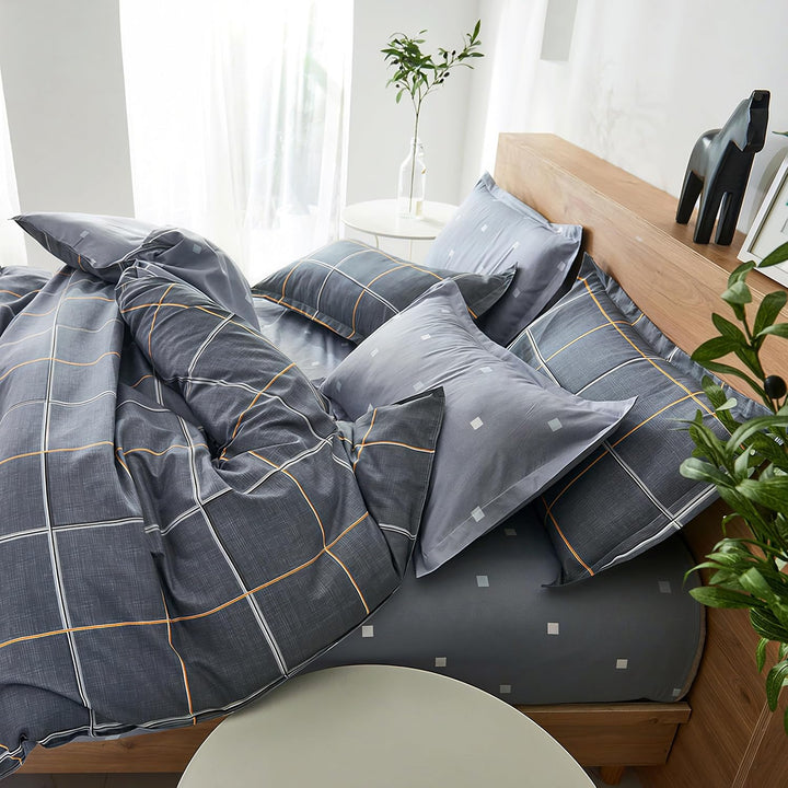 ED-Lumos 4 teilig Bettgarnitur Bettwäsche Set Bettbezug Betttuch Kopfkissenbezug Polyester Grau mit