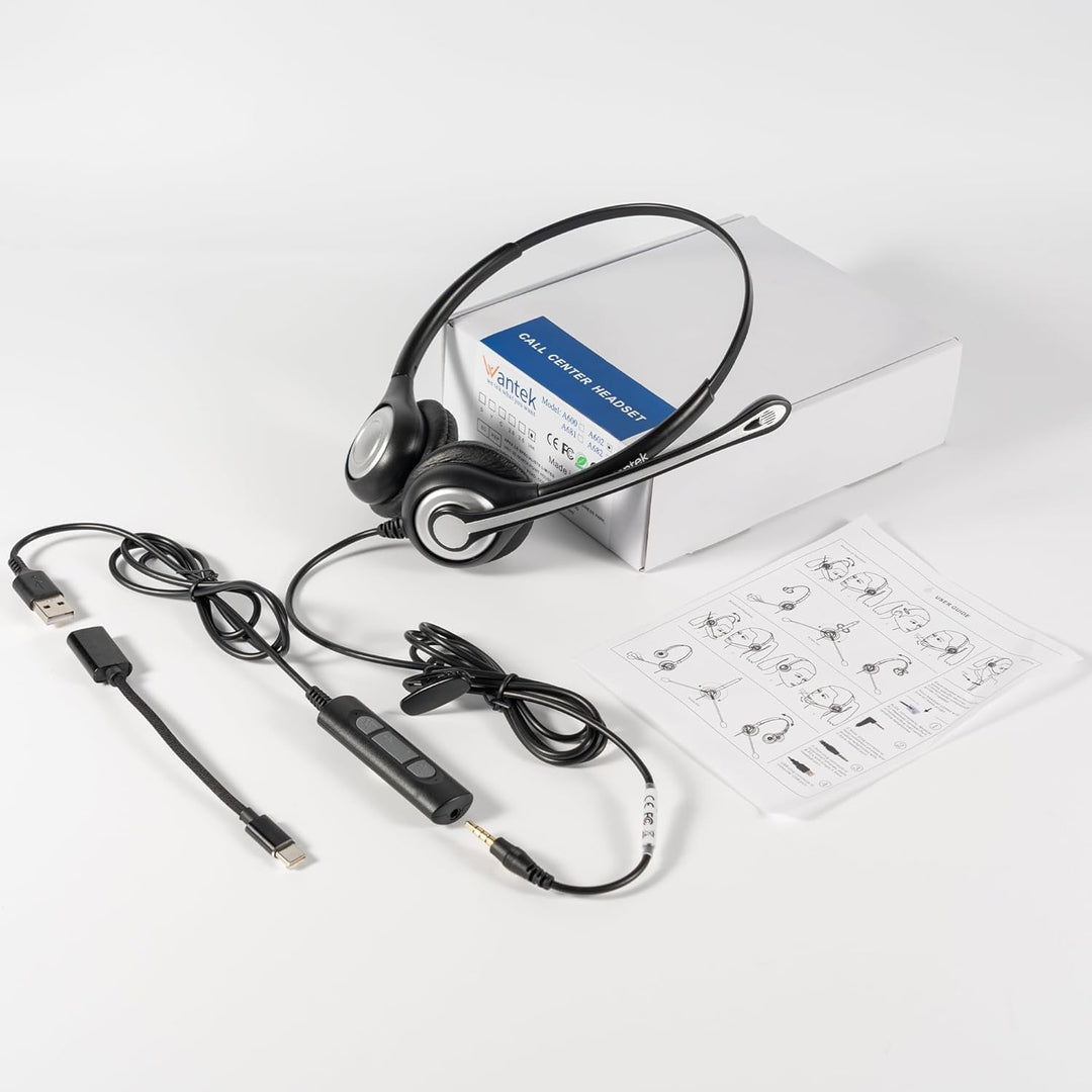 Wantek PC-Headset mit Mikrofon,USB/3,5-mm/Type-c-Anschluss 3 In-1 USB Headset, Kabelgebundene &amp; Raus