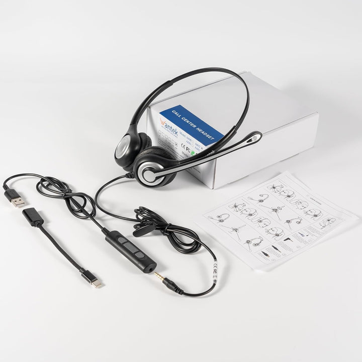 Wantek PC-Headset mit Mikrofon,USB/3,5-mm/Type-c-Anschluss 3 In-1 USB Headset, Kabelgebundene &amp; Raus