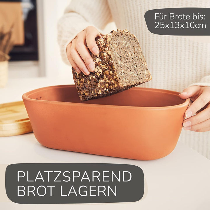 Steinzeit Design Brotkasten - Brotbox aus atmungsaktivem Ton – Brotkasten Keramik mit edlem Bambusde
