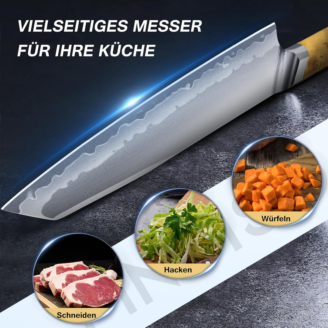 FINTISO Kochmesser, 20CM Japanisches Küchenmesser Aus S35VN Pulverstahl Mit 7-Lagigem Verbundstahl,
