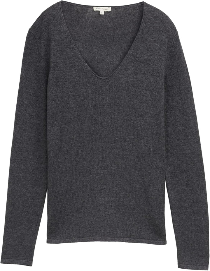 TOM TAILOR Damen Basic Strickpullover mit V-Ausschnitt XS 30281 - Evident Anthracite Melange, XS 302