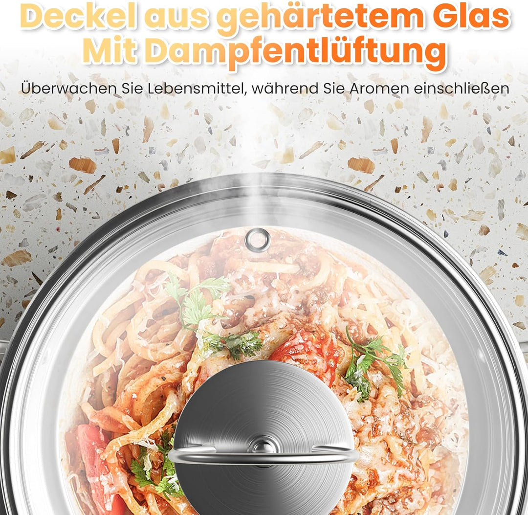 Topfset aus Edelstahl, Grosses Kochgeschirr Induktion-Kochtopf-Set, Töpfe mit Glasdeckel und Stielka