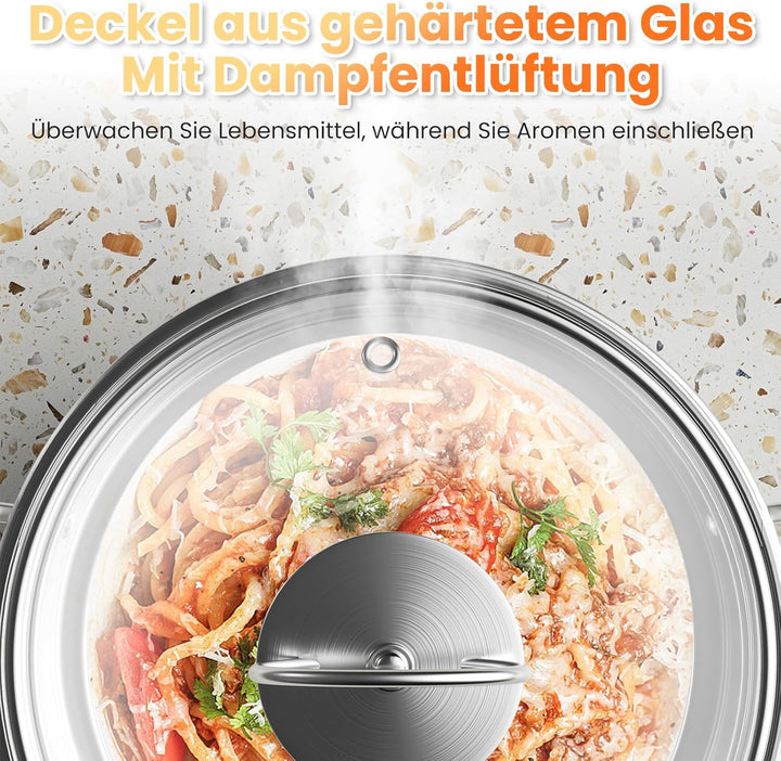 Topfset aus Edelstahl, Grosses Kochgeschirr Induktion-Kochtopf-Set, Töpfe mit Glasdeckel und Stielka