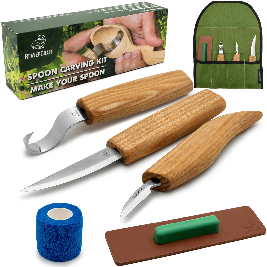 BeaverCraft S13L Holzschnitzerei Werkzeuge Set für Löffelschnitzen 3 Messer in Werkzeugsrolle Abzieh
