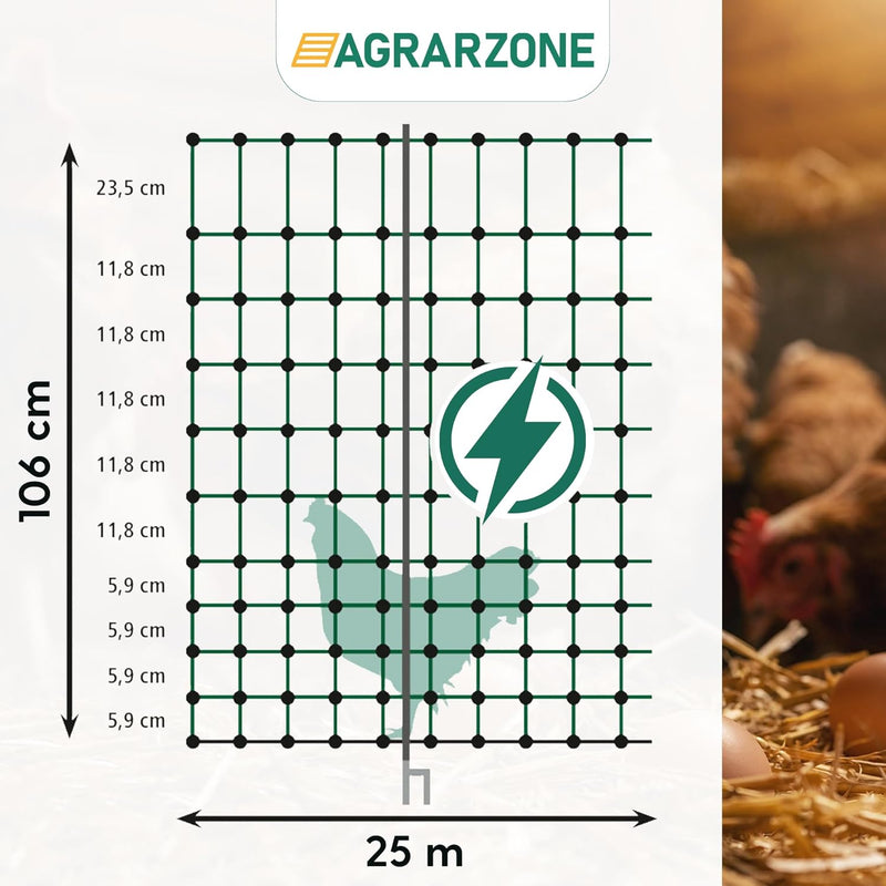 Agrarzone® Mobiler Hühnerzaun Geflügelzaun mit Strom [Grün - 25m x 106cm] - Weidezaun für Hühner mit