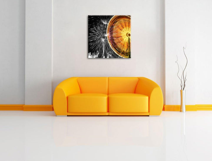 Pixxprint Jahrmarkt mit Feuerwerk / 70x70cm Leinwandbild bespannt auf Holzrahmen/Wandbild Kunstdruck