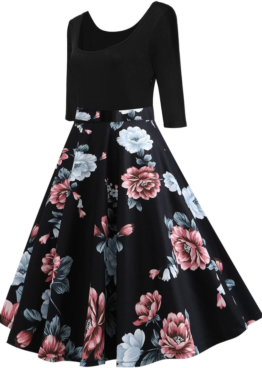AXOE Damen A-Linie Kleid 60er Jahre Rockabilly 3/4 Ärmel F06b S, F06b S
