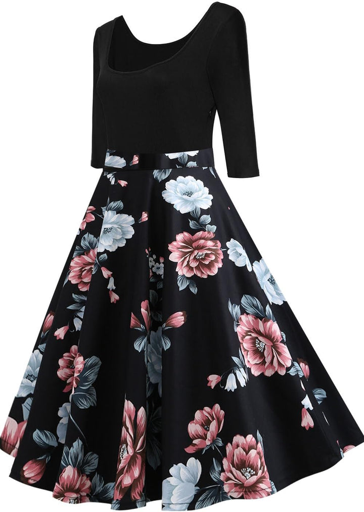AXOE Damen A-Linie Kleid 60er Jahre Rockabilly 3/4 Ärmel F06b XL, F06b XL