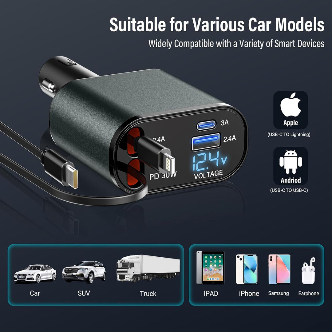 Auto Ladegerät Zigarettenanzünder USB C 4in1 56W, KFZ Ladegerät mit 2 einziehbaren Kabeln(Type C, Li