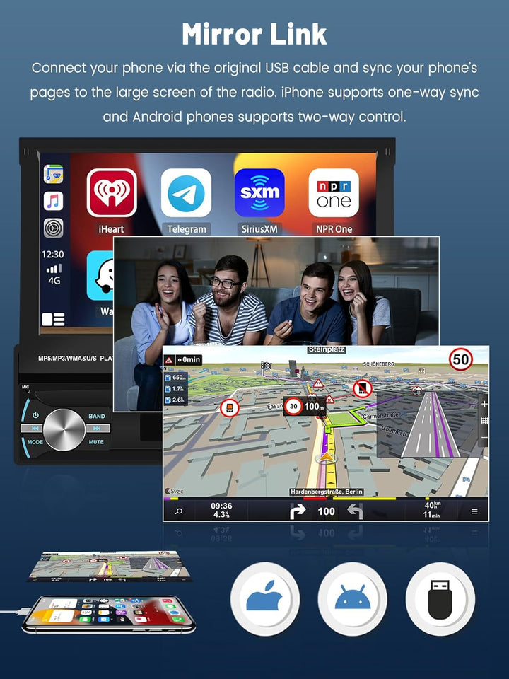 Hikity 1 Din Autoradio mit 7 Zoll Manuelle Ausfahrbarem Display Wireless Carplay Touchscreen Autorad