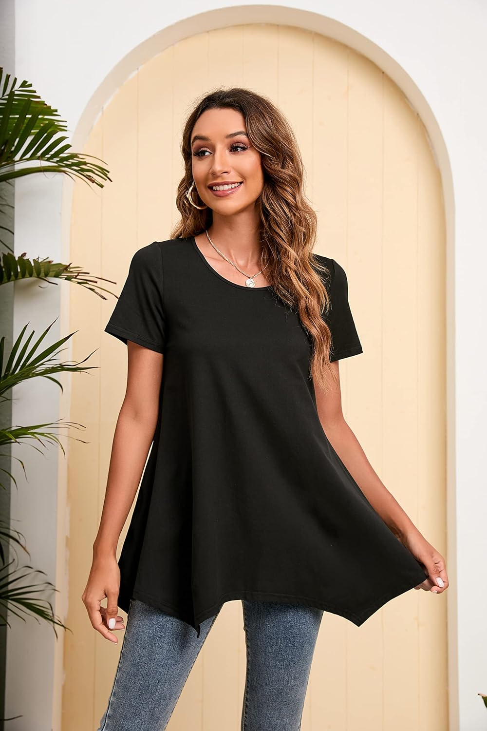 Enmain Damen Tunika Shirt Langarm/Kurzarm Bluse Tunika Blumen Longshirt Casual Elegante 3/4 Ärmel Ru