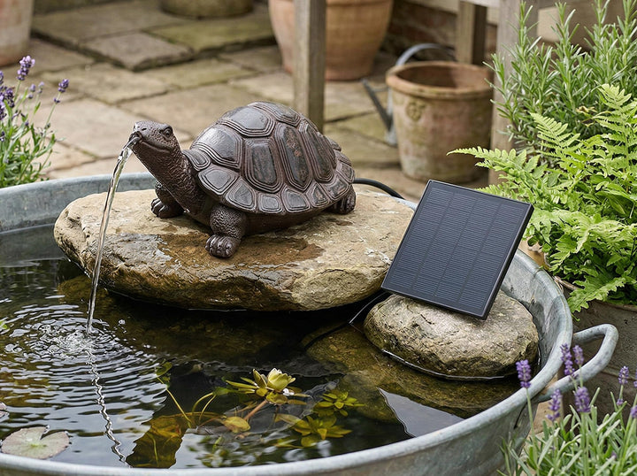 Wasserspeier Solar mit Pumpe – Teichfigur Schildkröte mit Solarpumpe &amp; Wasserspiel – Gartendeko aus