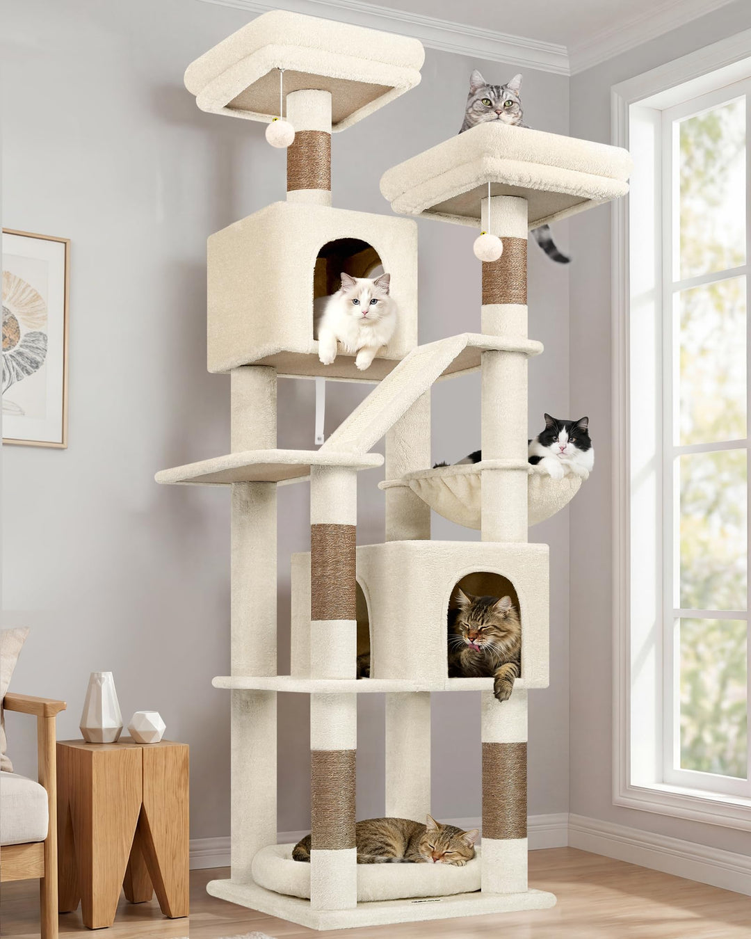 Globlazer Kratzbaum Ecke Hoch 189 cm mit 2 Katzenhaus, 2 Gepolsterte Sitzstangen, Katzenkorb VergröB