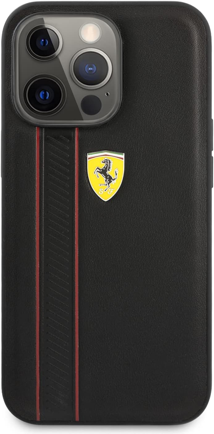 CG MOBILE Ferrari Schutzhülle für iPhone 13 Pro in Schwarz mit zwei roten Linien, Echtleder-Schutzhü