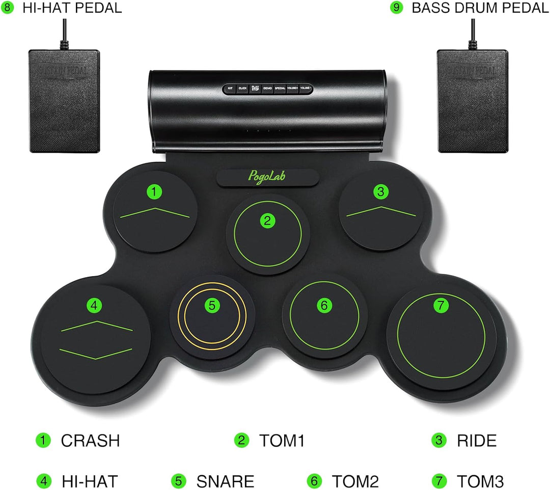 POGOLAB Aufrollen E-Drum Set, 7 digitale Drum Pad Schlagzeug Elektronisch, Bluetooth-Funktion, mit z