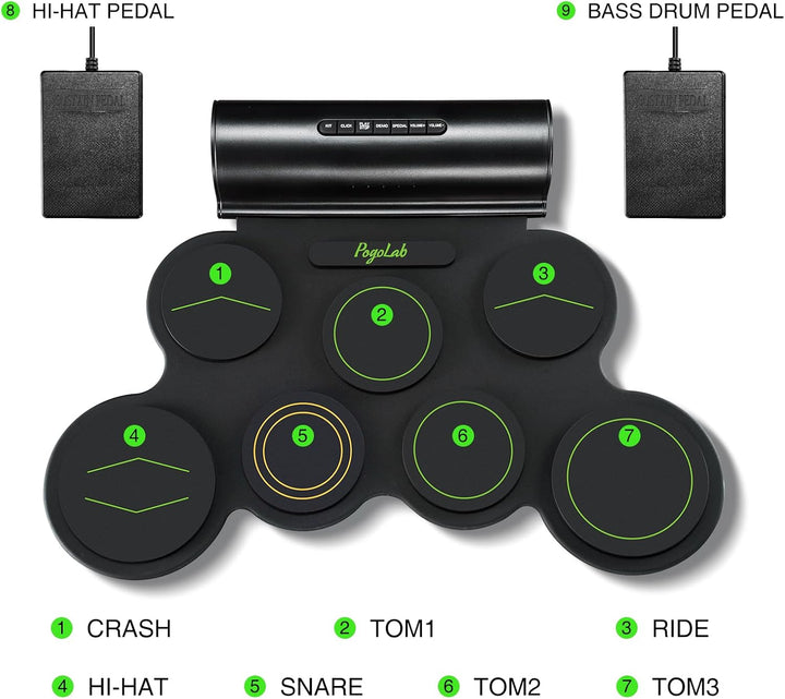 POGOLAB Aufrollen E-Drum Set, 7 digitale Drum Pad Schlagzeug Elektronisch, Bluetooth-Funktion, mit z