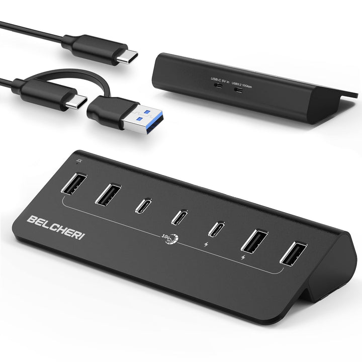 7 Port USB C Hub mit Netzteil, USB 3.2 Gen 2, 10Gbit/s Schneller Datenhub, Vollaluminium-Verlängerun