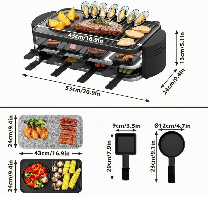 FIVMEN Raclette 8 Personen Raclette Grill 1600W mit 14 Pfännchen, Granitplatte &amp; Antihaftplatte Elec