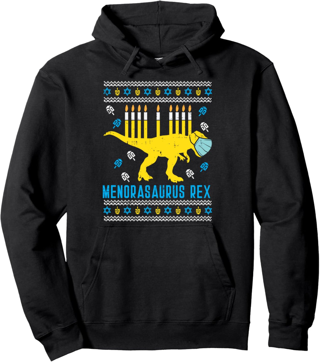 Menorasaurus Rex Trex Mask Ugly Hanukkah Quarantine Gift Pullover Hoodie