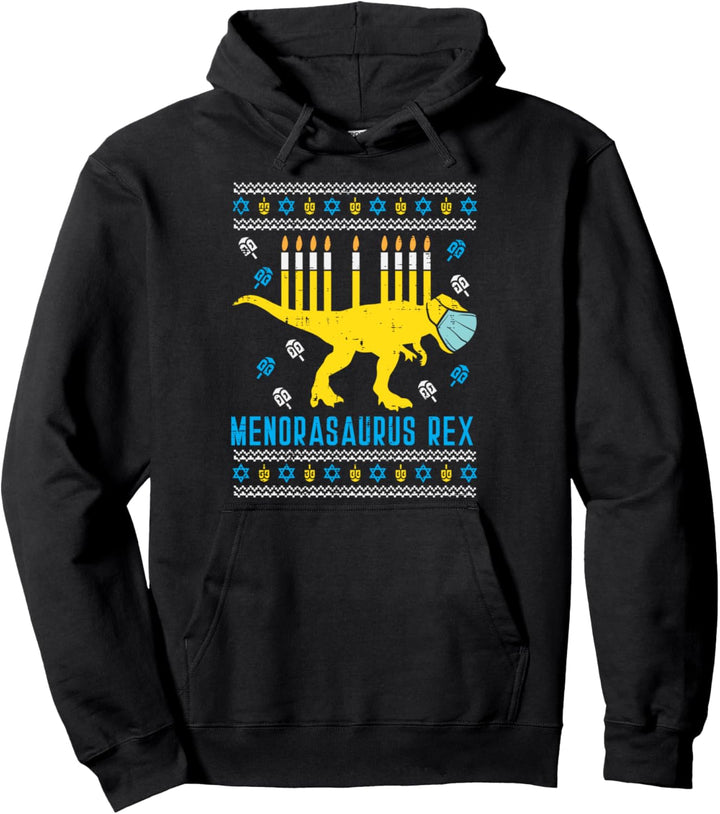 Menorasaurus Rex Trex Mask Ugly Hanukkah Quarantine Gift Pullover Hoodie
