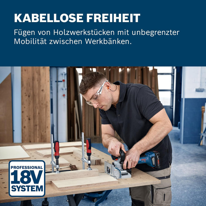 Bosch Professional 18V System Akku-Flachdübelfräse GFF 18V-22 (inkl. Scheibenfräser Ø 105 mm, Staubb