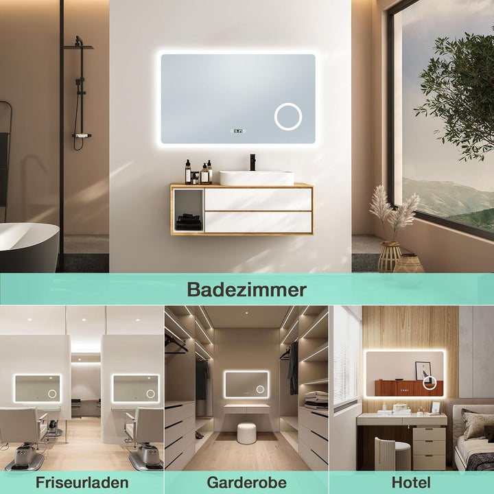 LED Badezimmer Spiegel mit Uhr 100 x 60 cm, 3 Lichtfarben, Dimmbar, 3-facher Vergrösserung, Anti-Bes