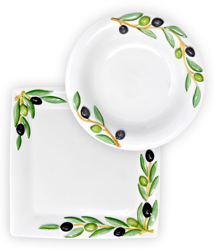 Lashuma 2er Set Kombiservice Olive, Tiefer Suppenteller 23 cm und Servierplatte 27 x 27 cm, Handgema