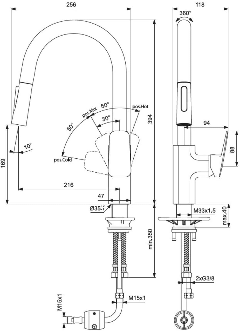 Ideal Standard BD338AA Ceraplan Küchenarmatur hoher Auslauf mit Handbrause 2-Funktions-Handbrause, m